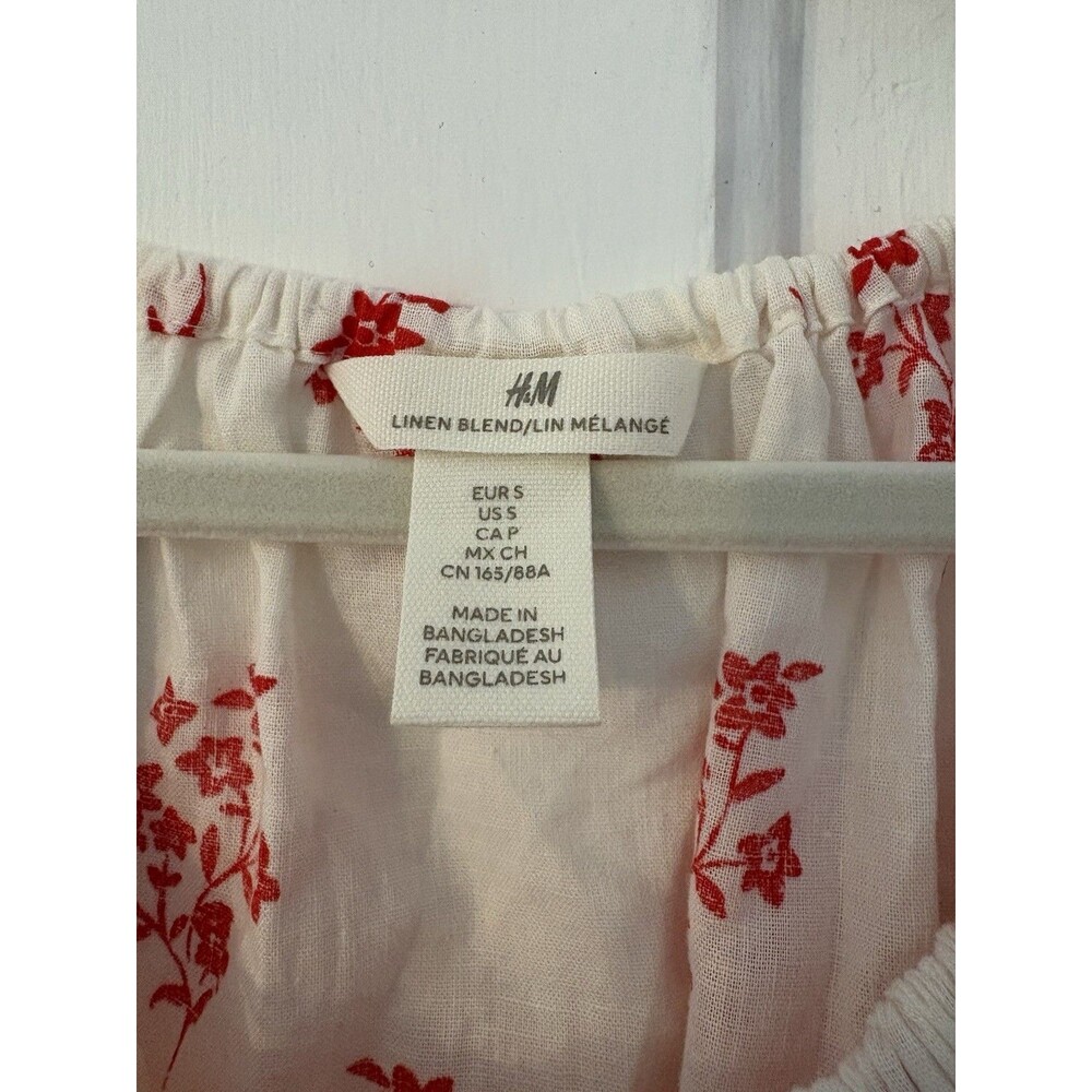 H&M Womens White Linen Blend Blouse Red Floral Puff Sleeve Cropped Peasant Sz S - Picture 4 of 8